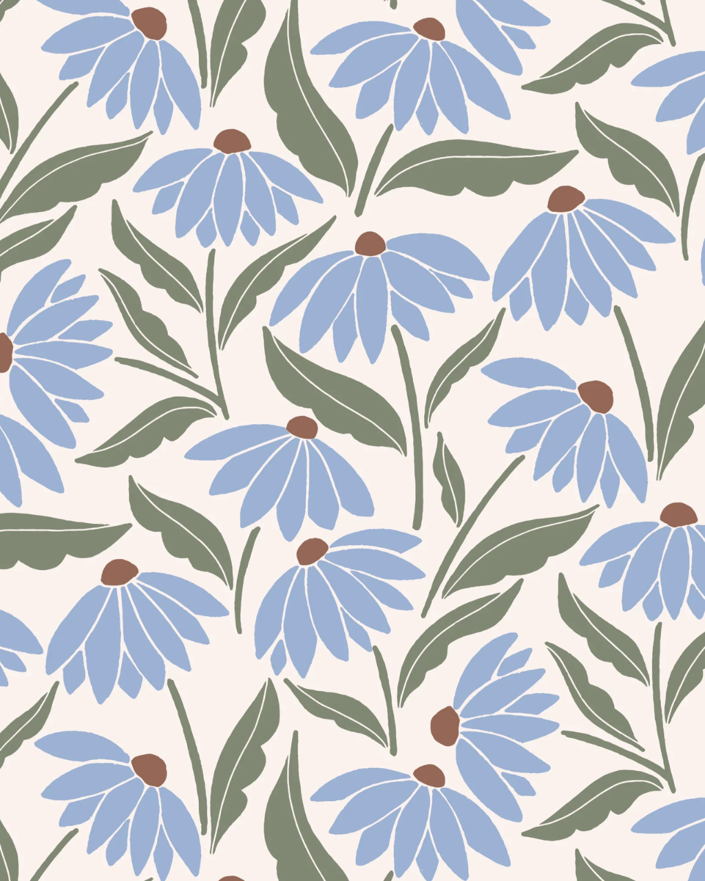 Daisy Patch wallpaper with blooming blue daisies, green stems and warm off-white background, creating a dreamy, cheerful pattern in a styled room interior | Funky Paper Co