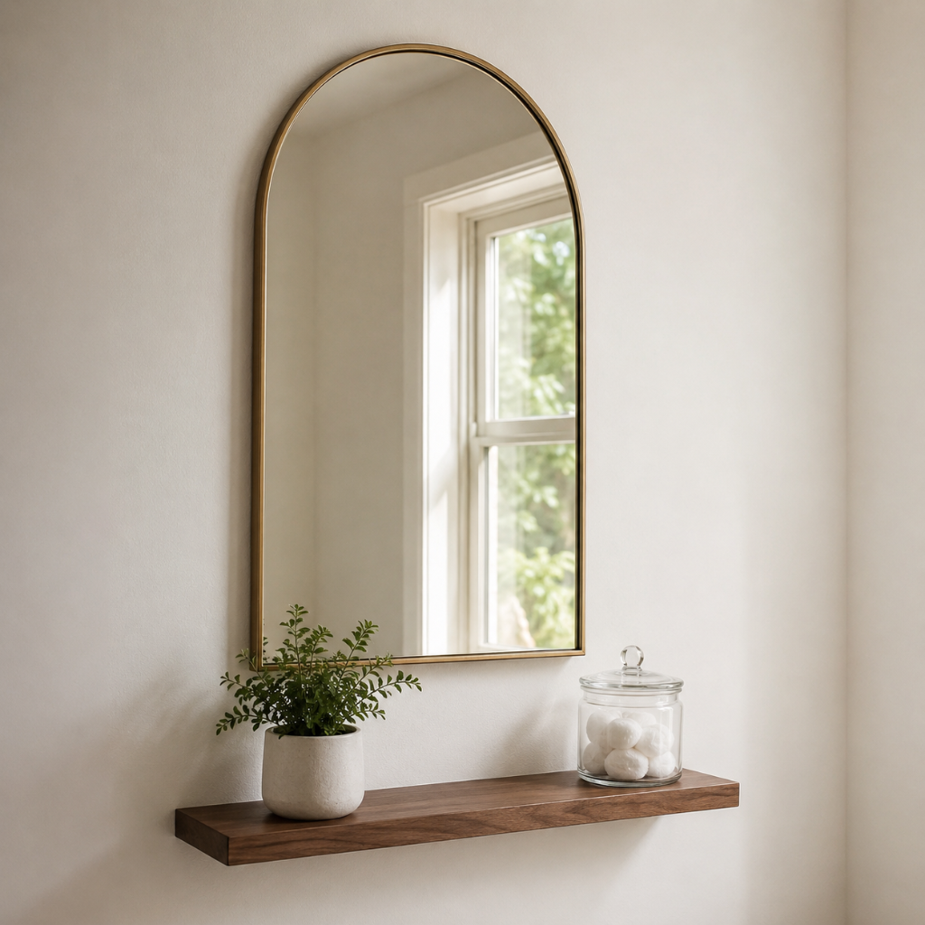An arched decorative wall mirror with a thin gold frame hangs on a warm off-white wall above a floating wooden shelf in a laundry room. The mirror would pair well with Funky Paper Co products.