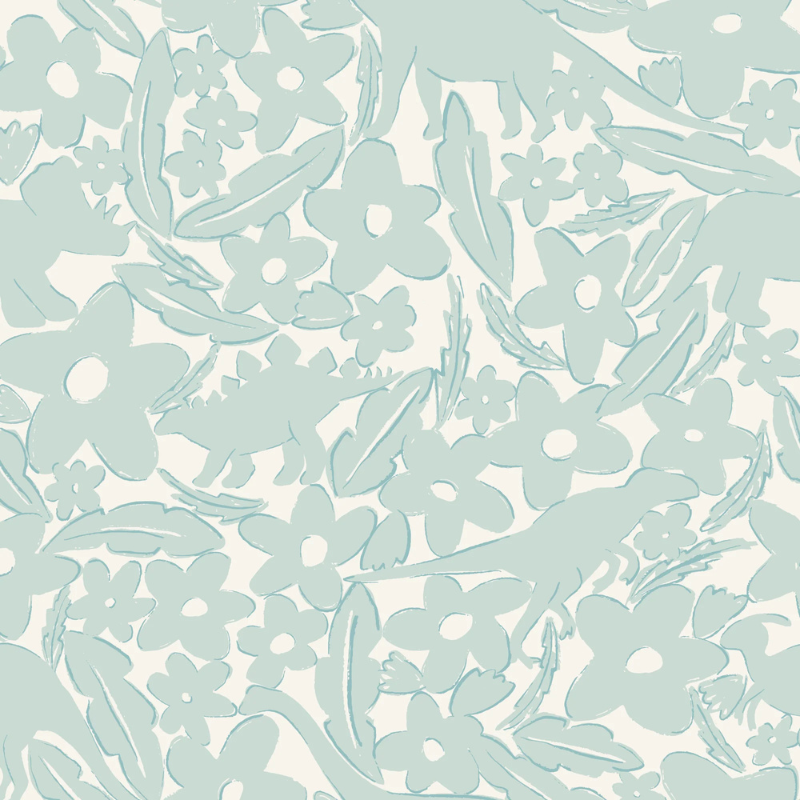 Dinosaur Garden Green nursery wallpaper with dinosaurs and oversized florals by Jenny Koland