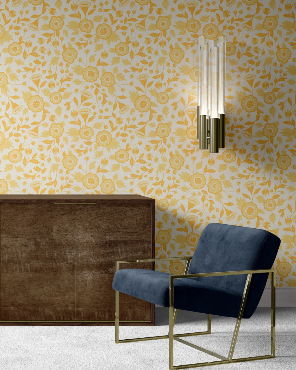Ditsy Monochromatic Floral wallpaper with whimsical yellow flowers on off-white displayed in a cheerful modern room interior | Kitchen Wallpaper Ideas by Funky Paper Co