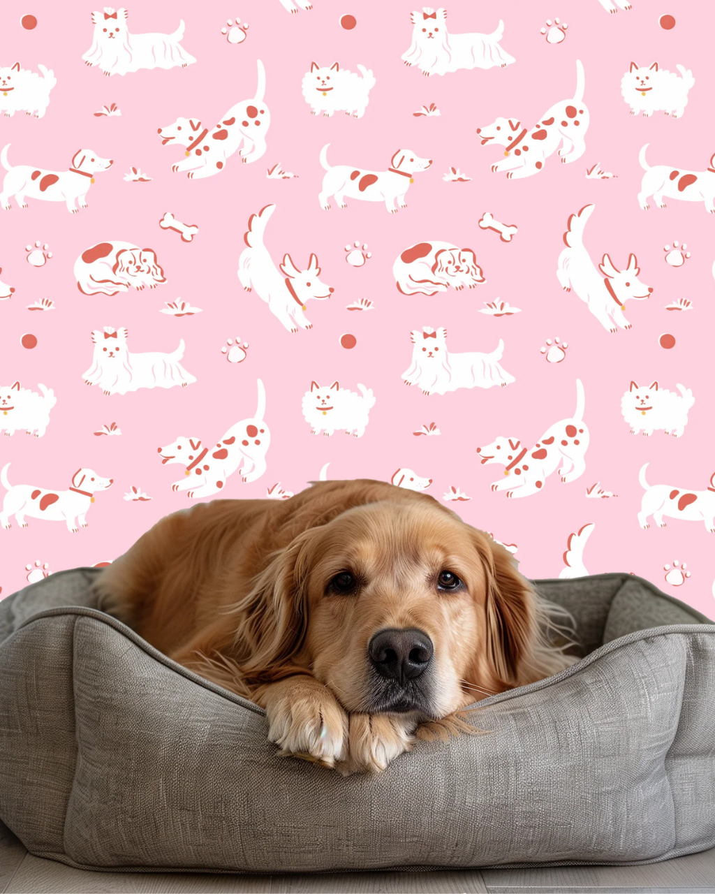 Golden retriever resting in front of Dog Park pink dog wallpaper by Funky Paper Co.