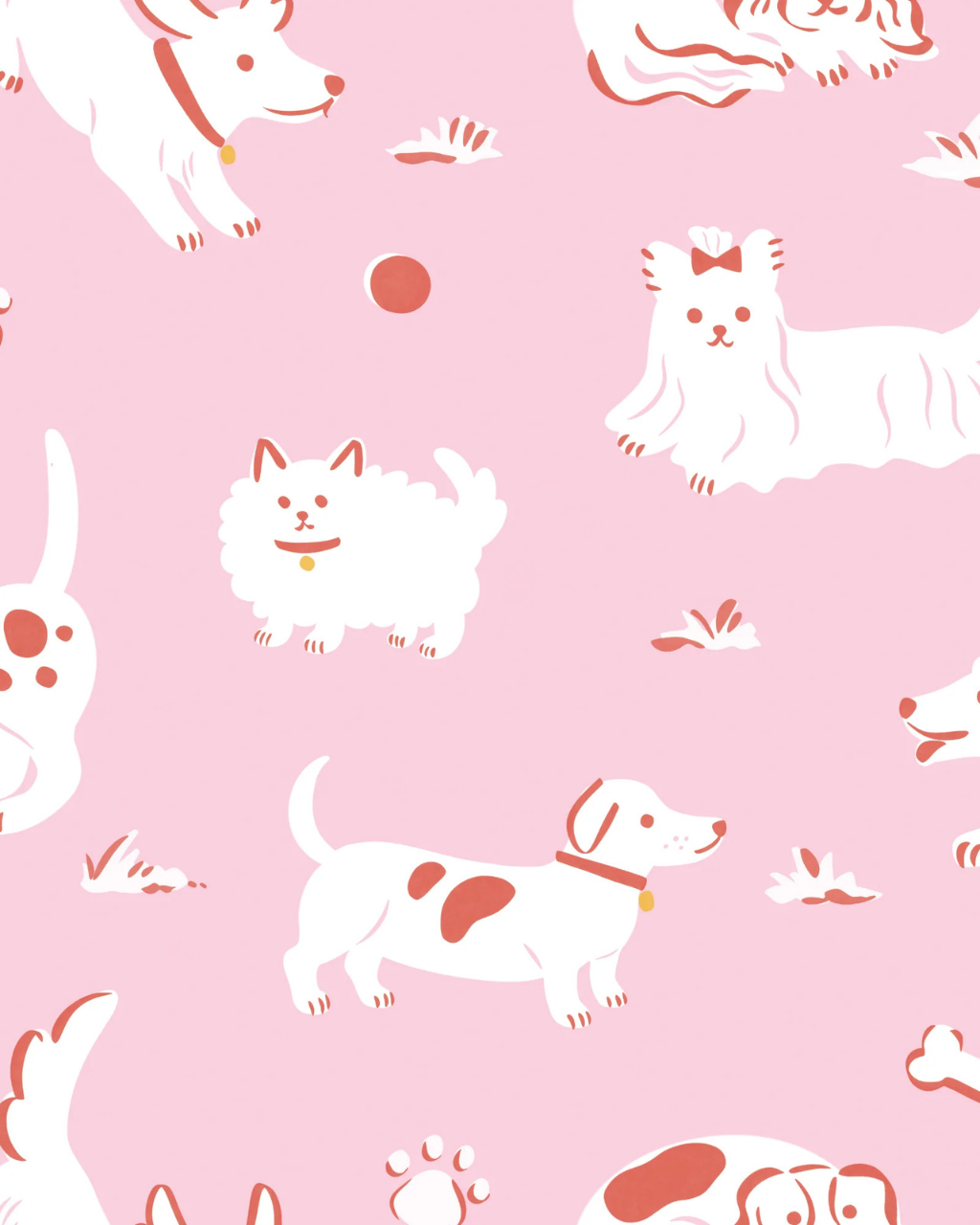 illustrated-dogs-pattern.jpgClose-up of Dog Park pink wallpaper featuring playful illustrated white dogs on a pink background