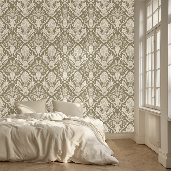 Peacock Damask Wallpaper in Earth Green