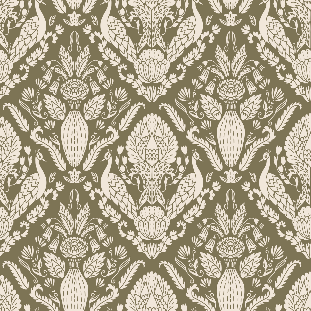 Peacock Damask - Earth Green