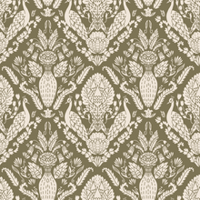  Peacock Damask Wallpaper in Earth Green