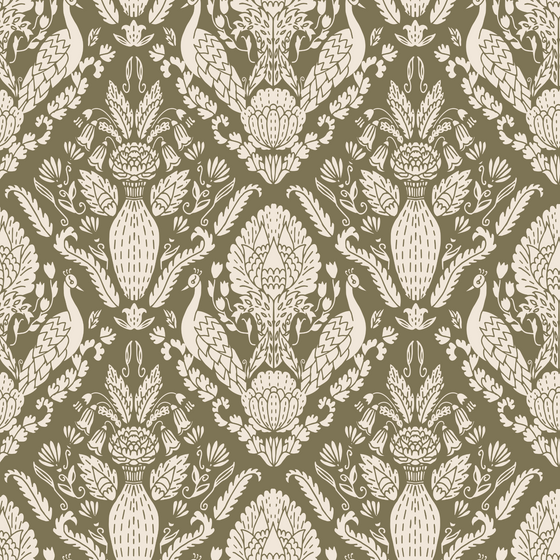 Peacock Damask Wallpaper in Earth Green X Quirky Paisley Design