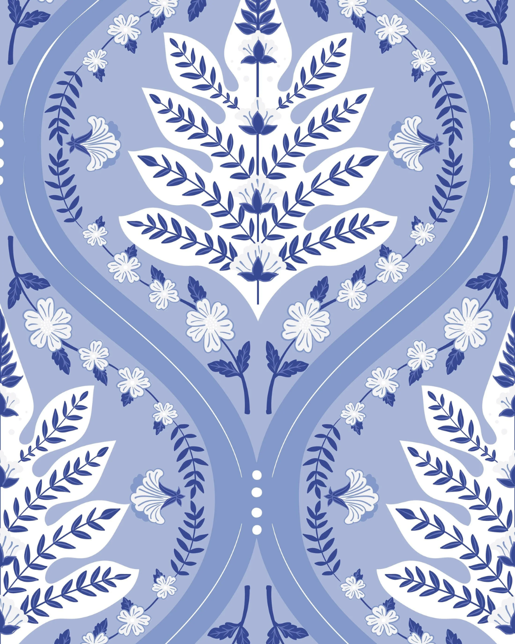 A repeating blue and white botanical Eden pattern with stylized leaves, stems, and small flowers arranged symmetrically on a light blue background.
