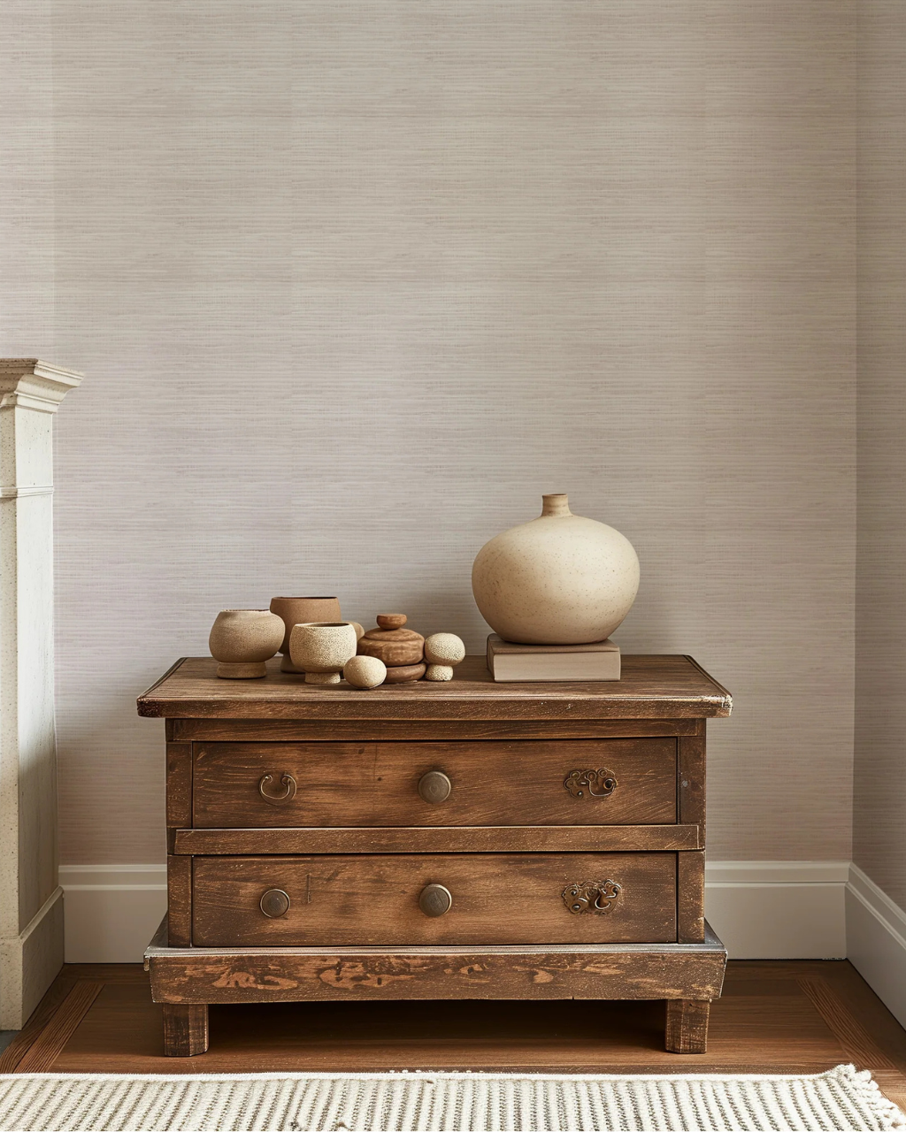 Rose-toned faux grasscloth neutral wallpaper adding soft texture and warmth to a cozy living room space | Neutral Wallpaper Ideas for Every Room in Your Home by Funky Paper Co