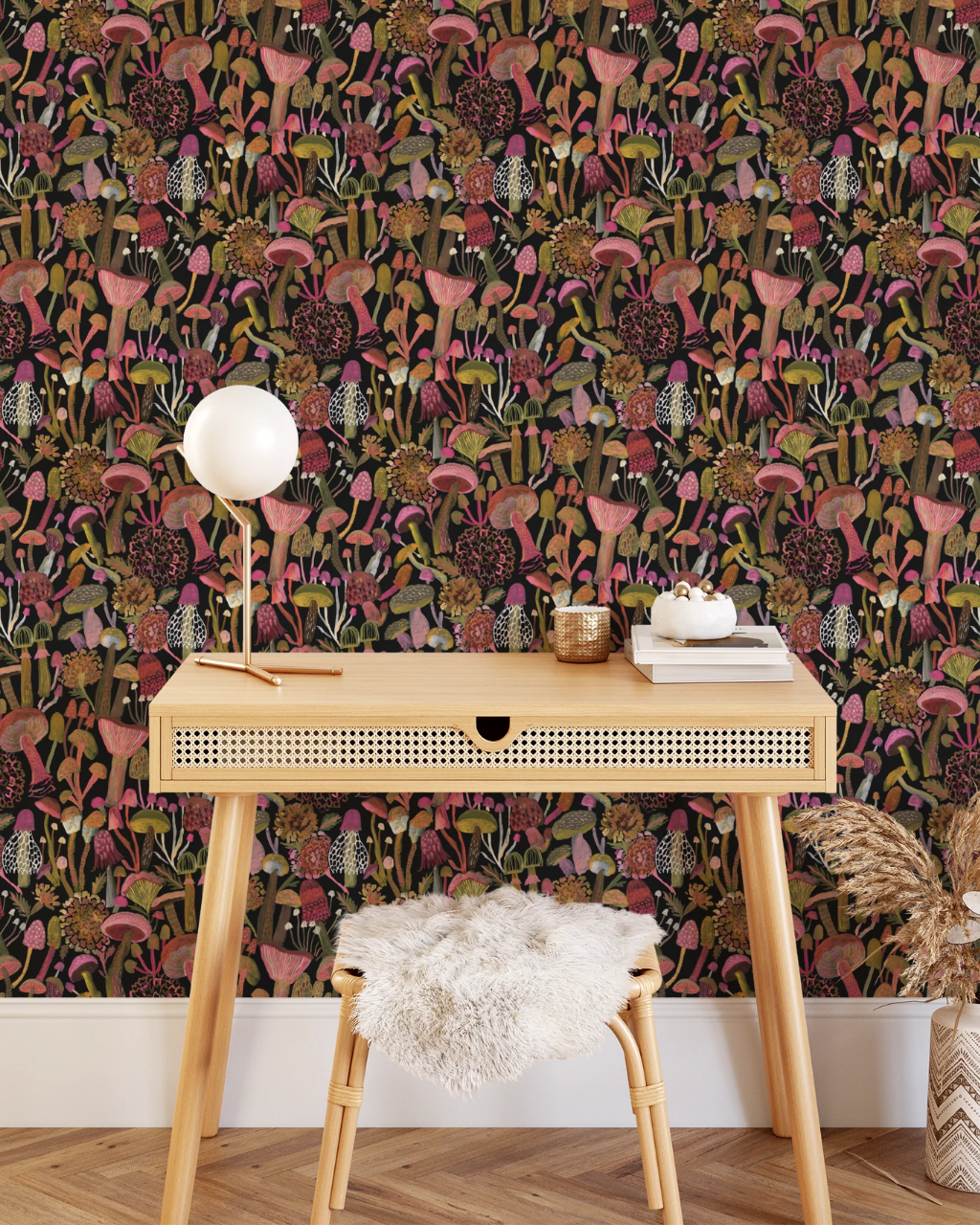 Home office with Forest Floor Black wallpaper by Subhashini Narayanan, showcasing colorful mushrooms and whimsical botanicals on a dark backdrop | Peel and stick Wallpaper by Funky Paper Co