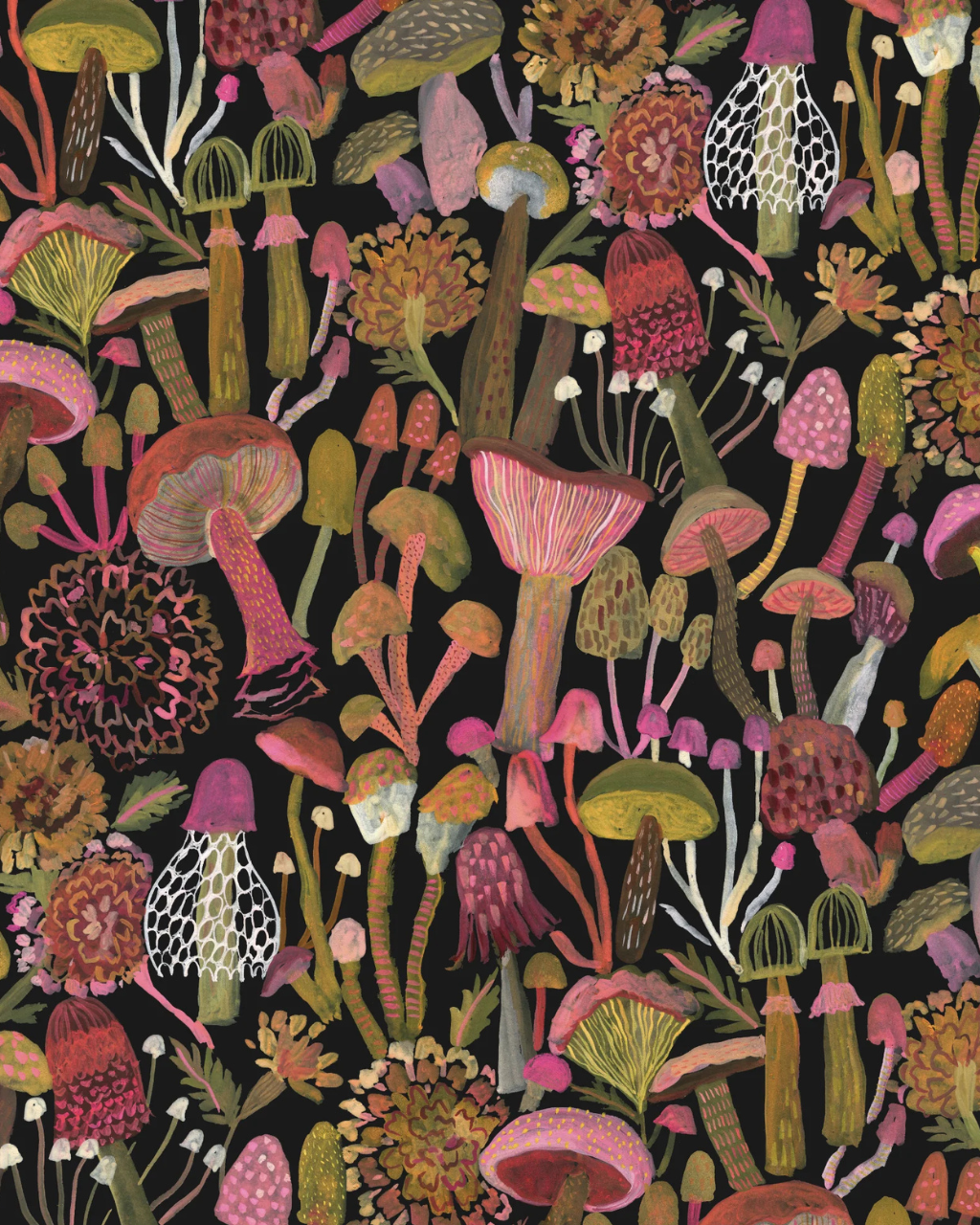 Close-up of Forest Floor Black wallpaper by Subhashini Narayanan featuring vibrant pink, orange, and olive mushrooms against a black background | Peel and stick Wallpaper by Funky Paper Co