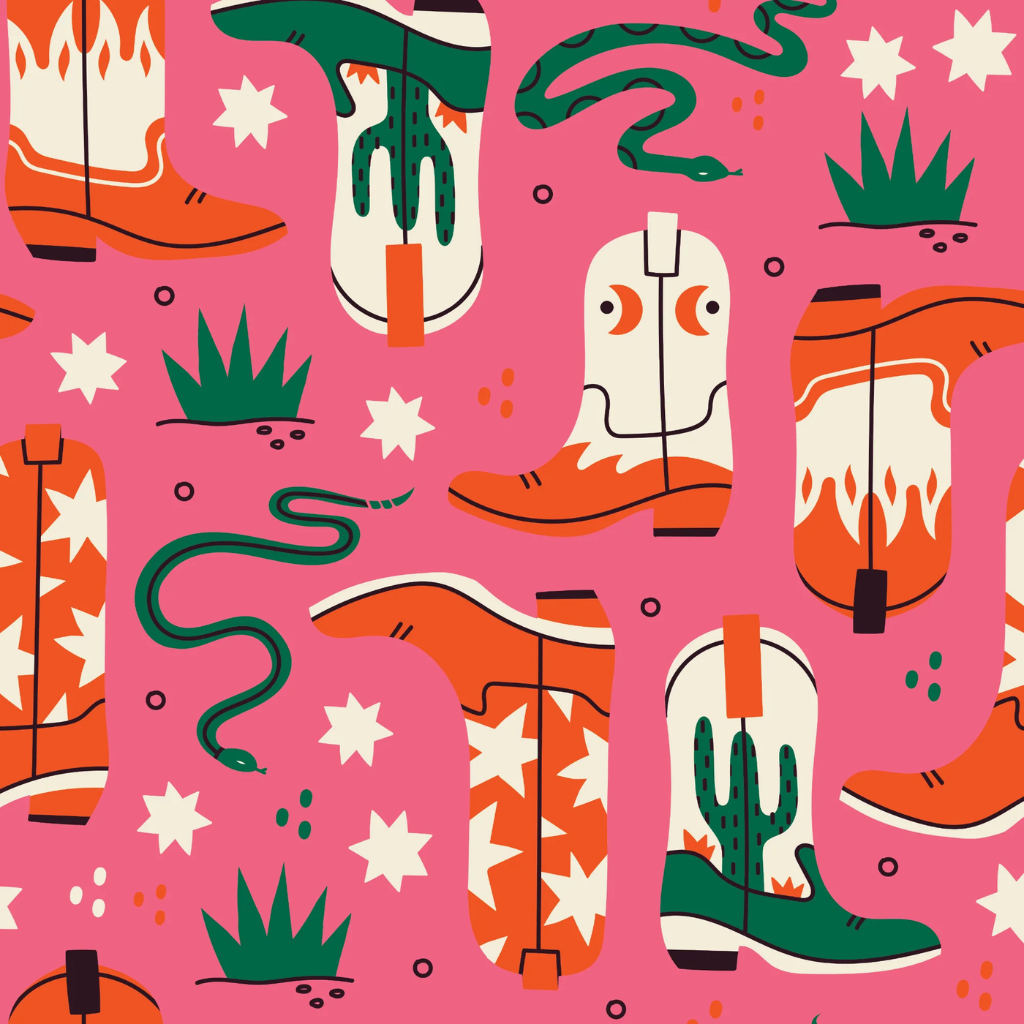 Fort Worth wallpaper featuring orange and green cowboy boots on a vibrant pink backdrop—a fun neon cowgirl print ideal for Nashville or western-themed bachelorette photos.