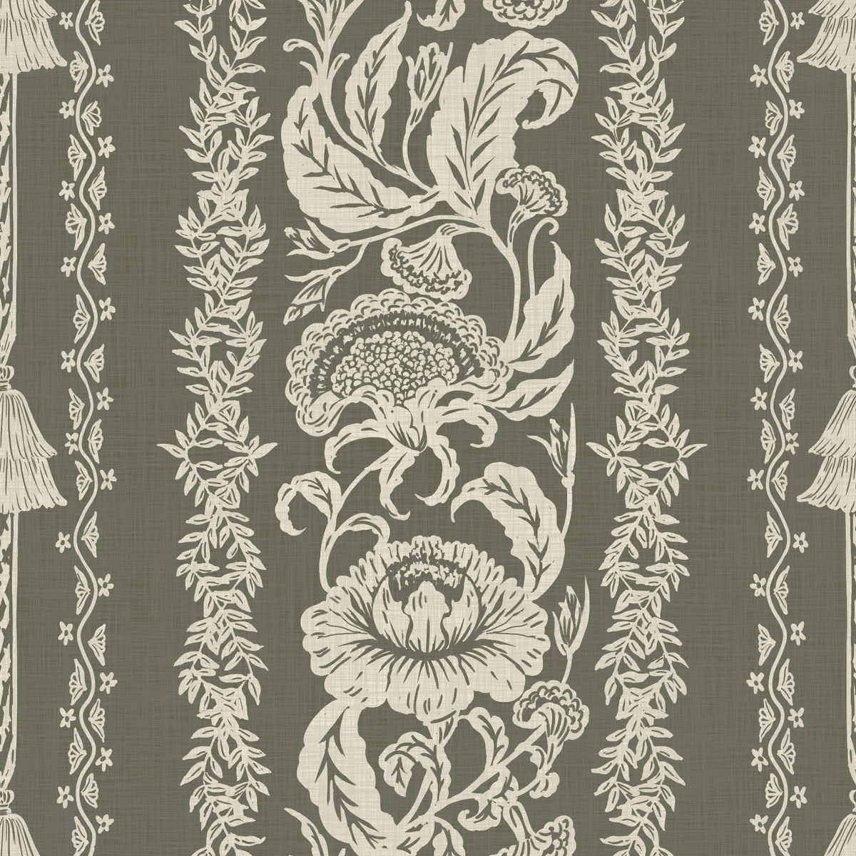 Oriental Floral Stripe - Olive