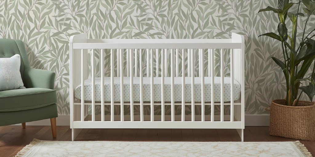 Great Willow Light Green botanical nursery wallpaper by Funky Paper Co  with white crib and framed botanical prints
