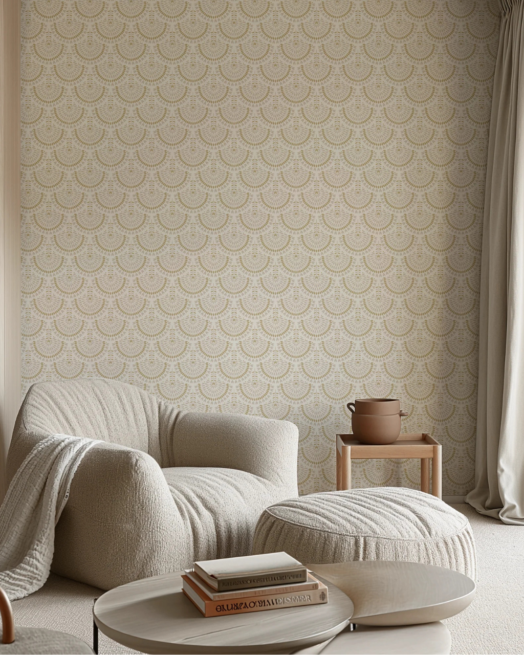 Off-white neutral wallpaper with dusty blush and burnt orange geometric floral scallops styled in a warm, inviting dining room | Neutral Wallpaper Ideas for Every Room in Your Home by Funky Paper Co