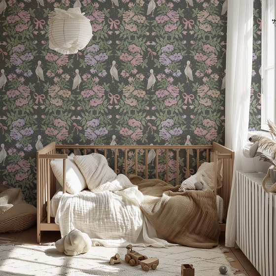 Penelope’s Garden Wallpaper in Black by Sabina Maria