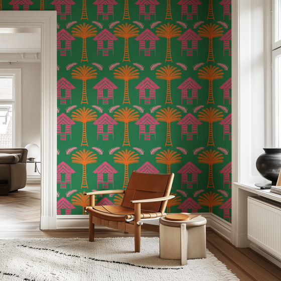 Tropical Huts Wallpaper in Green by Jenna Hang