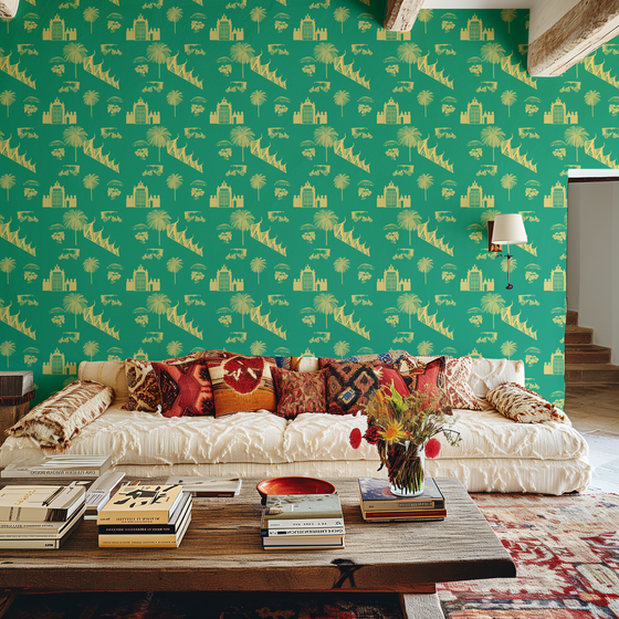 Phnom Penh Wallpaper in Turquoise by Jenna Hang