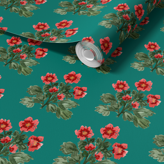 Folk Floral Wallpaper in Green by Sabina Maria