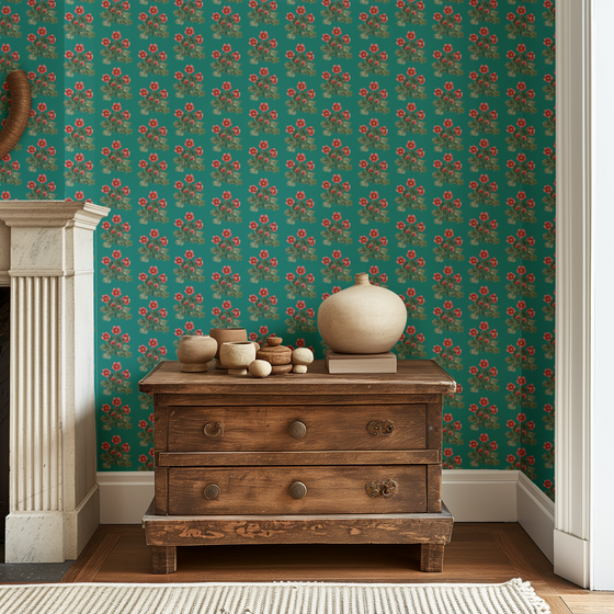 Folk Floral Wallpaper in Green by Sabina Maria