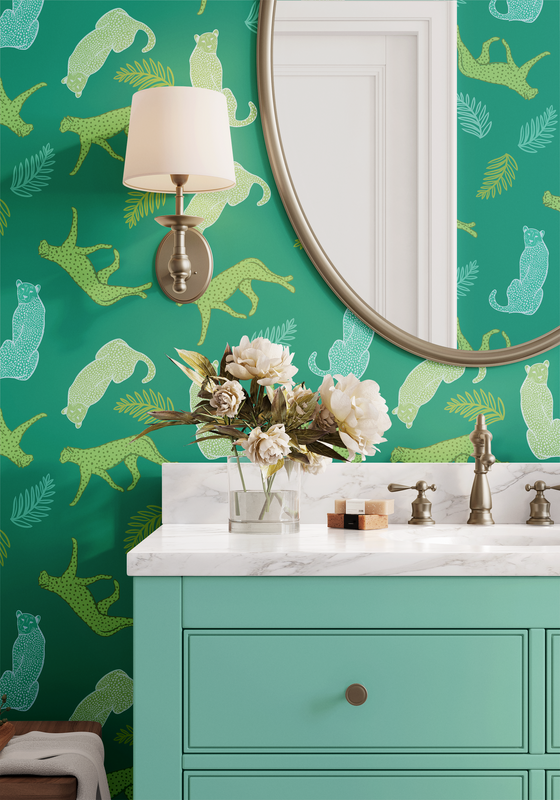 Cheetahs in the Wild Wallpaper in Teal by Jenna Hang