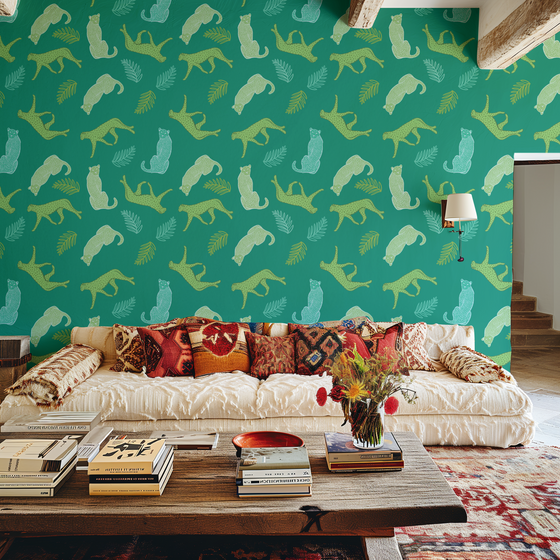 Cheetahs in the Wild Wallpaper in Teal by Jenna Hang