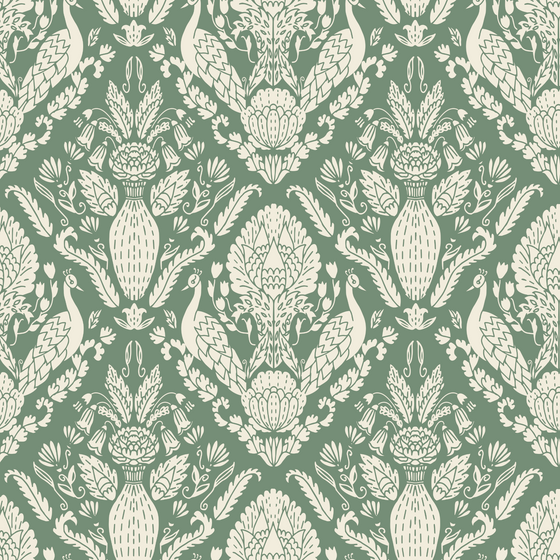 Peacock Damask Wallpaper in Green X Quirky Paisley Design