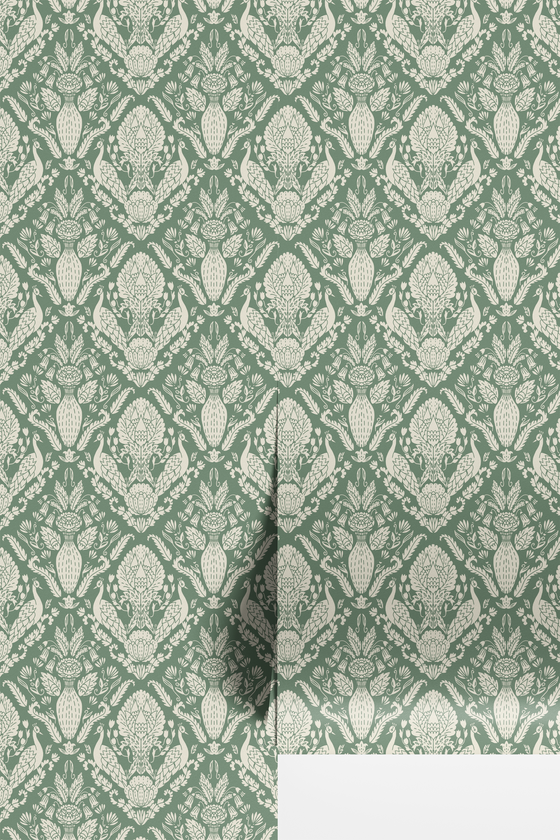 Peacock Damask Wallpaper in Green X Quirky Paisley Design