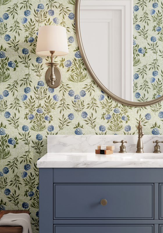 Darling Hydrangeas Wallpaper in Green Linen by Sabina Maria