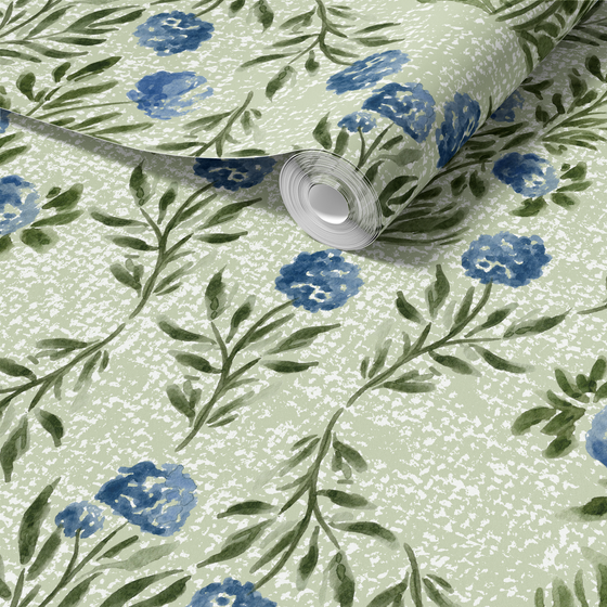 Darling Hydrangeas Wallpaper in Green Linen by Sabina Maria