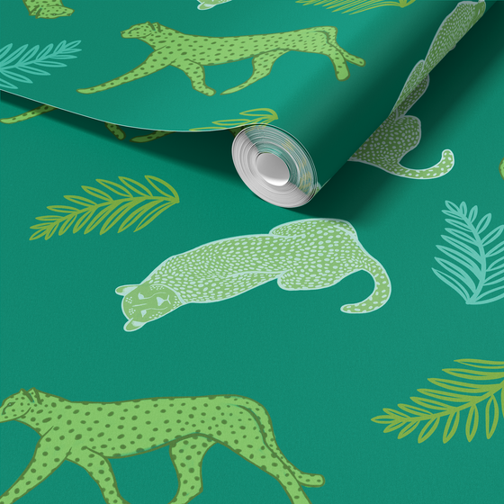 Cheetahs in the Wild Wallpaper in Teal by Jenna Hang