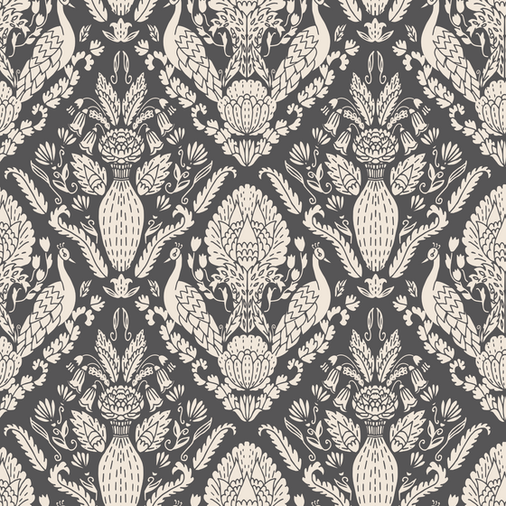 Peacock Damask Wallpaper in Grey