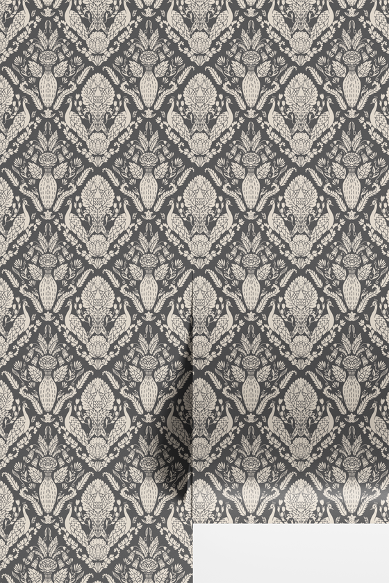 Peacock Damask Wallpaper in Grey X Quirky Paisley Design