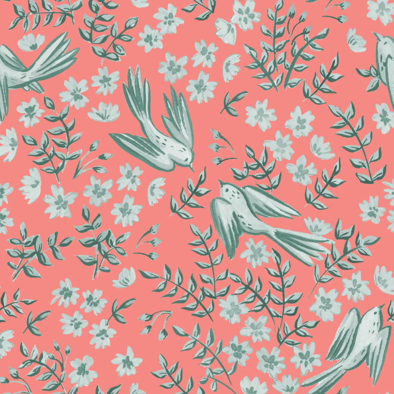 Haven in Salmon, a vintage-inspired songbird and floral wallpaper on a coral background by Funky Paper Co