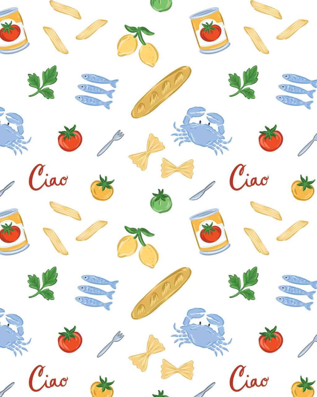 Italian Summer wallpaper featuring illustrated pasta, lemons, tomatoes and sardines in a bright, kitschy food pattern styled in a modern home interior | Kitchen Wallpaper Ideas by Funky Paper Co