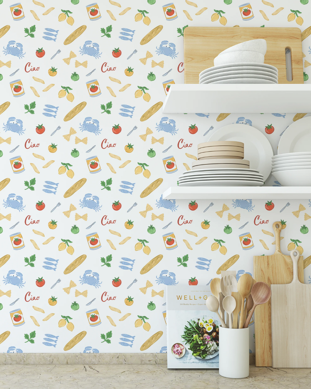 Italian Summer wallpaper featuring illustrated pasta, lemons, tomatoes and sardines in a bright, kitschy food pattern styled in a modern home interior | Kitchen Wallpaper Ideas by Funky Paper Co