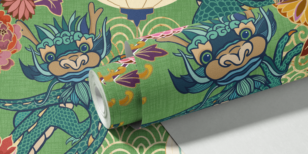 Jade Dragon Pavilion in Green on linen wallpaper by Funky Paper Co. Bold Asian-inspired dragon print with woven linen texture.
