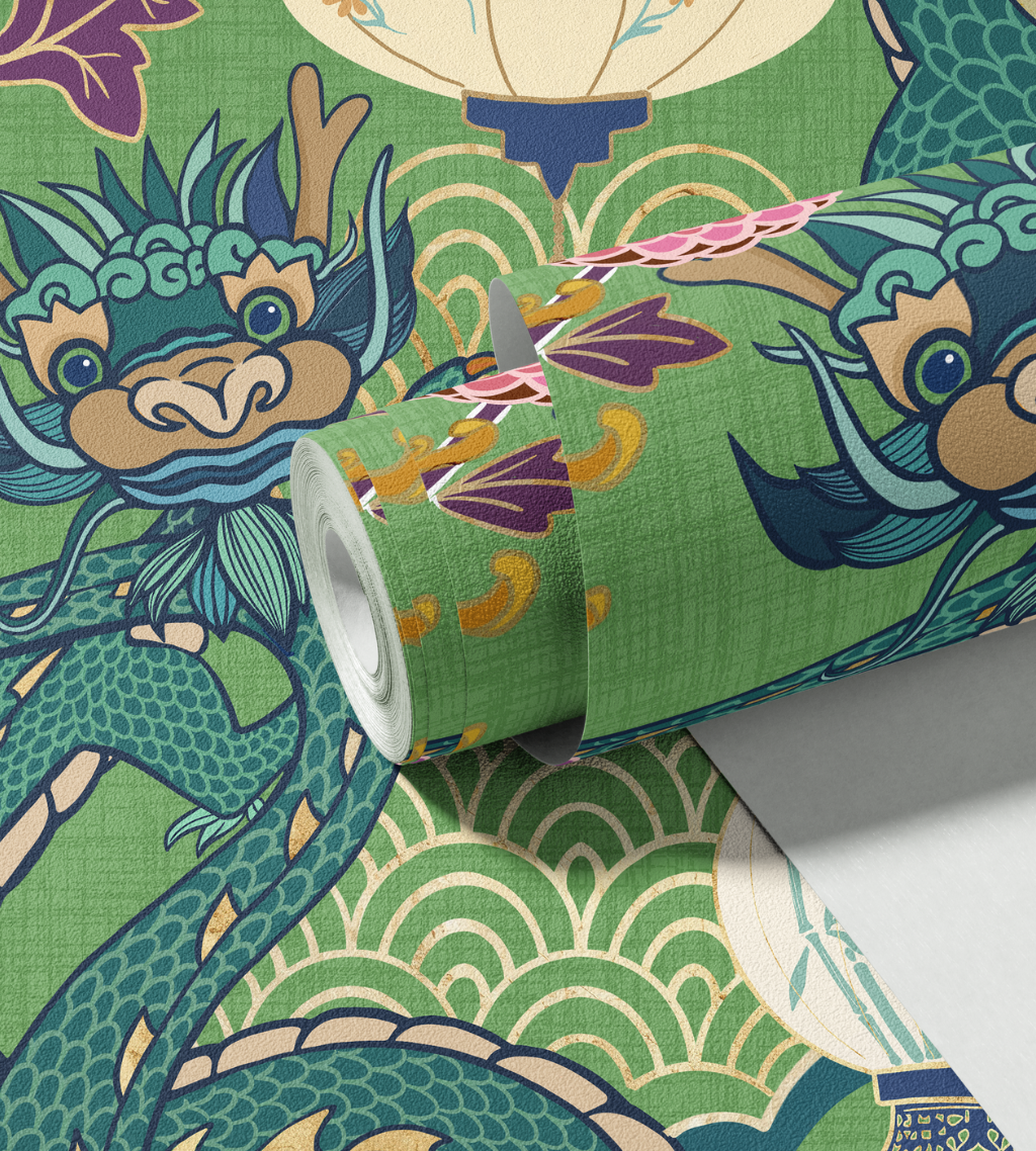 Jade Dragon Pavilion in Green on linen wallpaper by Funky Paper Co. Bold Asian-inspired dragon print with woven linen texture.