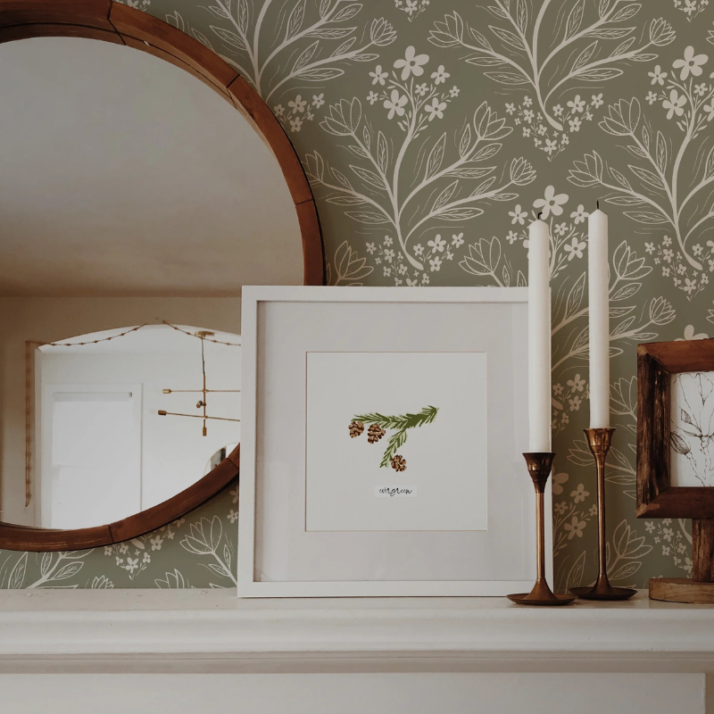 Josie Sue wildflower print on linen wallpaper by Funky Paper Co. Soft, woven linen texture in a living room.