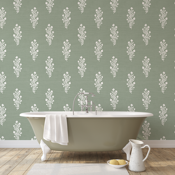 Julieta Floral Wallpaper in Green Linen by Sabina Maria