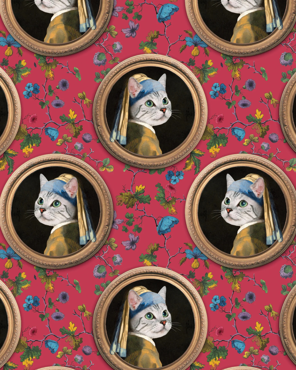 Katze Wand pink cat wallpaper featuring Girl with the Pearl Earring cat portrait on a vibrant floral background