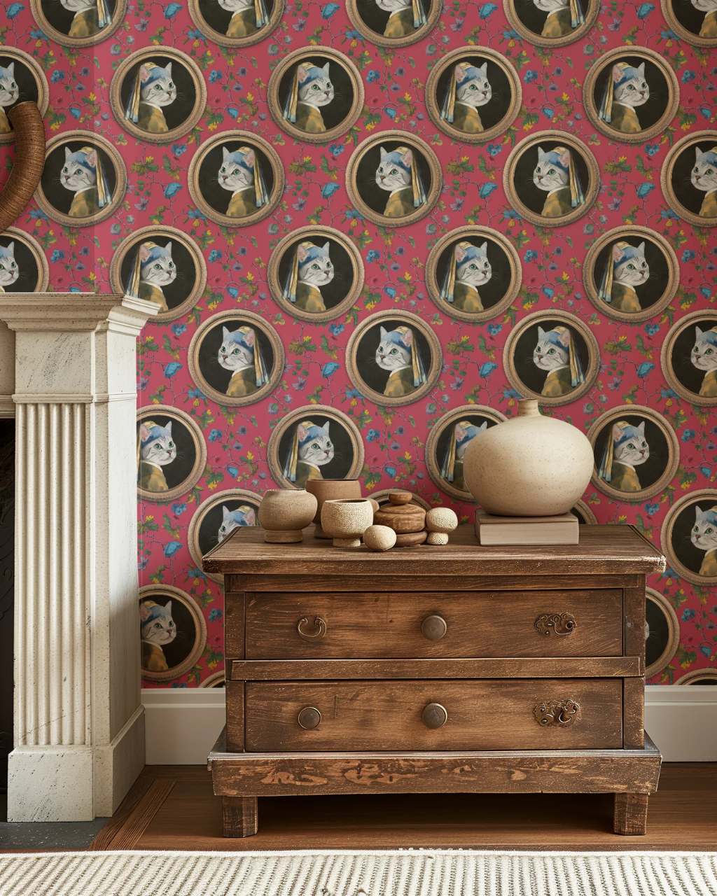 Katze Wand pink cat wallpaper in a living room with antique wood dresser and white fireplace surround