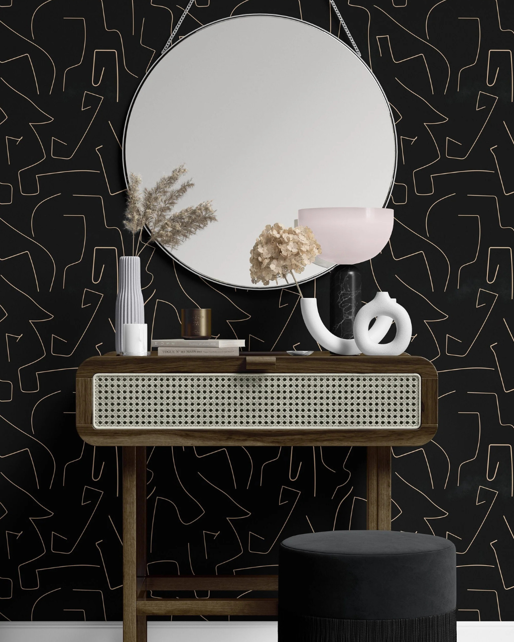 Vanity area with Kelly Black wallpaper, showcasing minimalist off-white abstract lines against a dark backdrop for a bold, modern statement | Peel and stick Wallpaper by Funky Paper Co