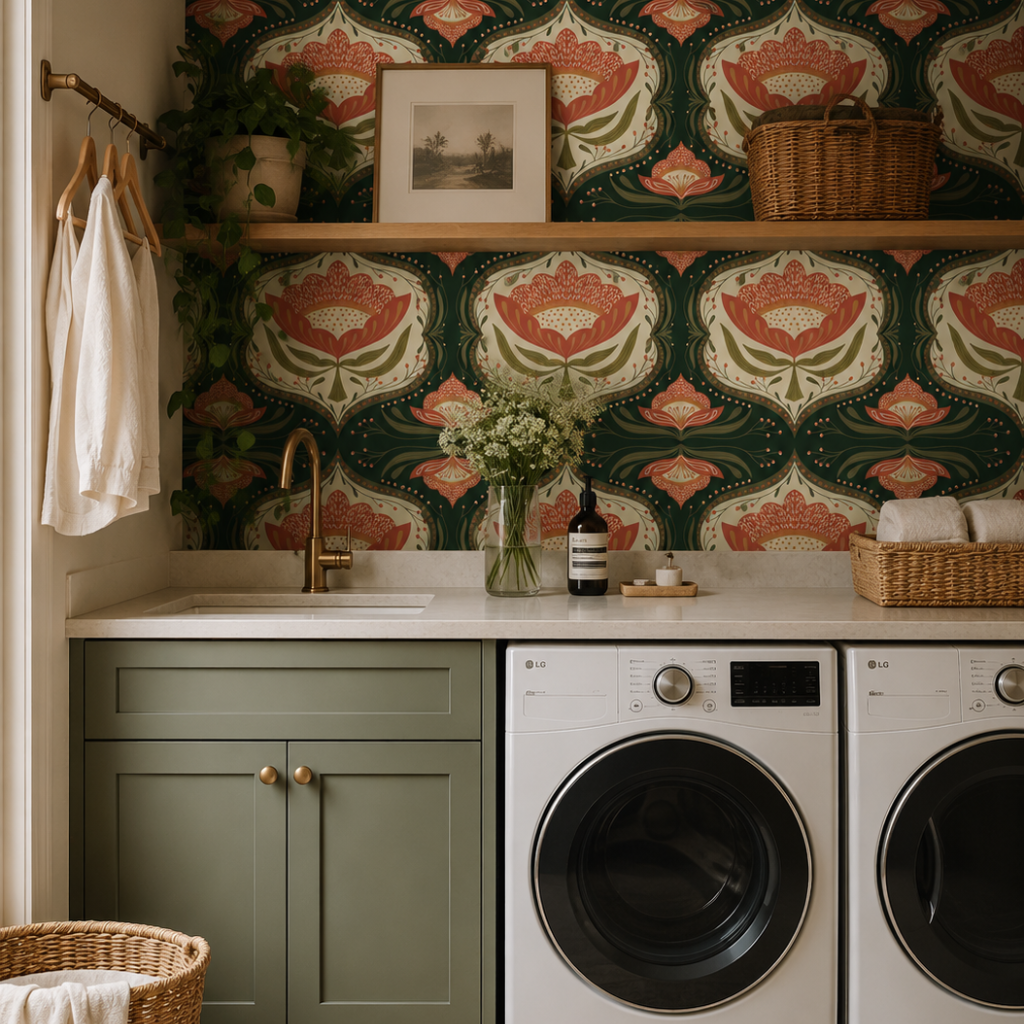 A styled laundry room corner featuring a green cabinet, a white countertop with a brass faucet, a Funky Paper Co patterned wallpaper backdrop, and two white front-loading washing machines. Decorative baskets, a vase of flowers, and a framed print are arranged on a wooden shelf and wall rod.