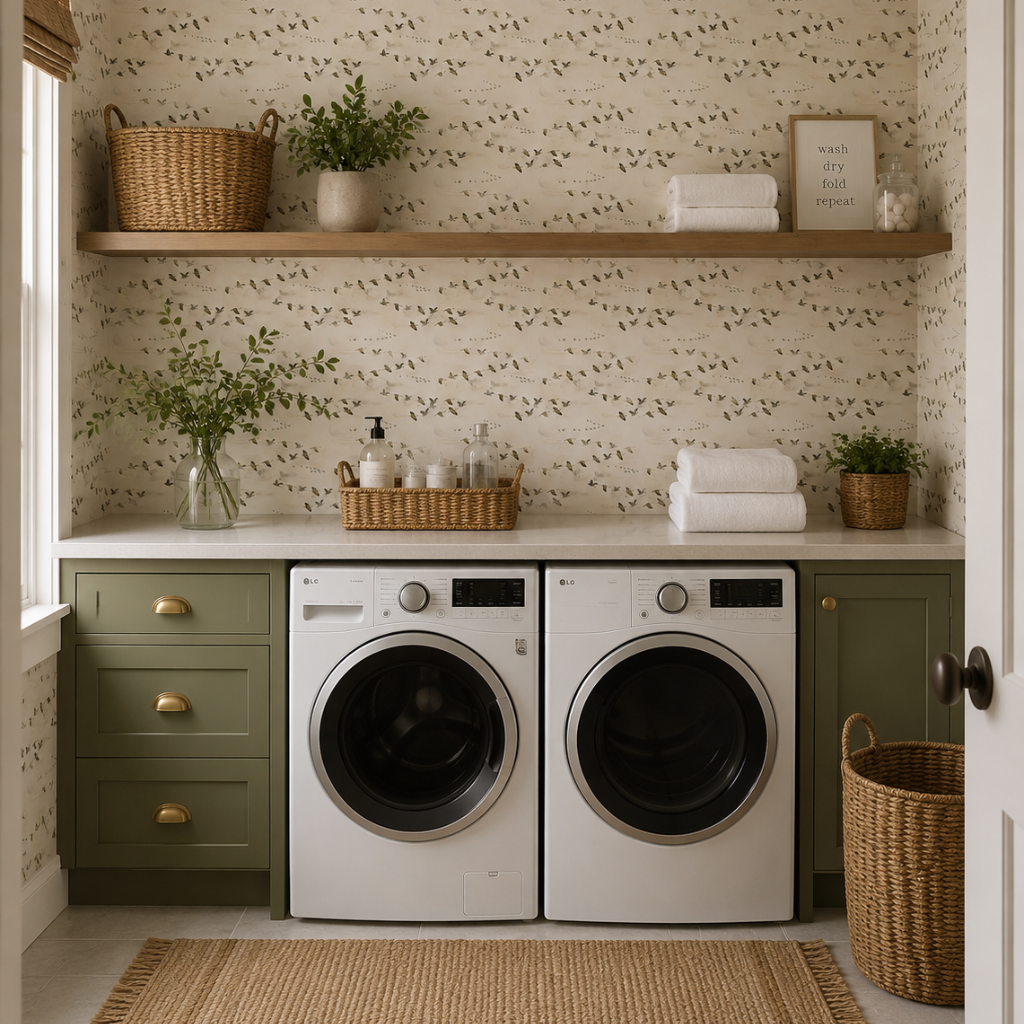 A styled laundry room featuring two white front-loading washing machines under a white countertop, built in olive green cabinets, patterned wallpaper, wooden floating shelves, woven baskets, and folded white towels. The wall features Funky Paper Co wallpaper.