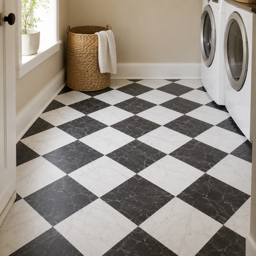 Black and white marbled floor tiles are checkered on a laundry room floor.