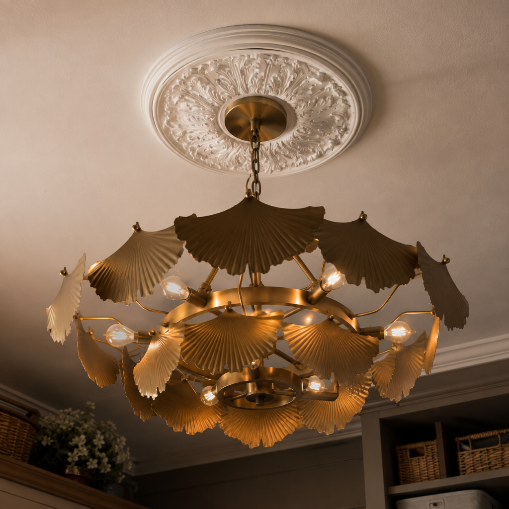A large, gold chandelier hangs from a laundry room ceiling. 
