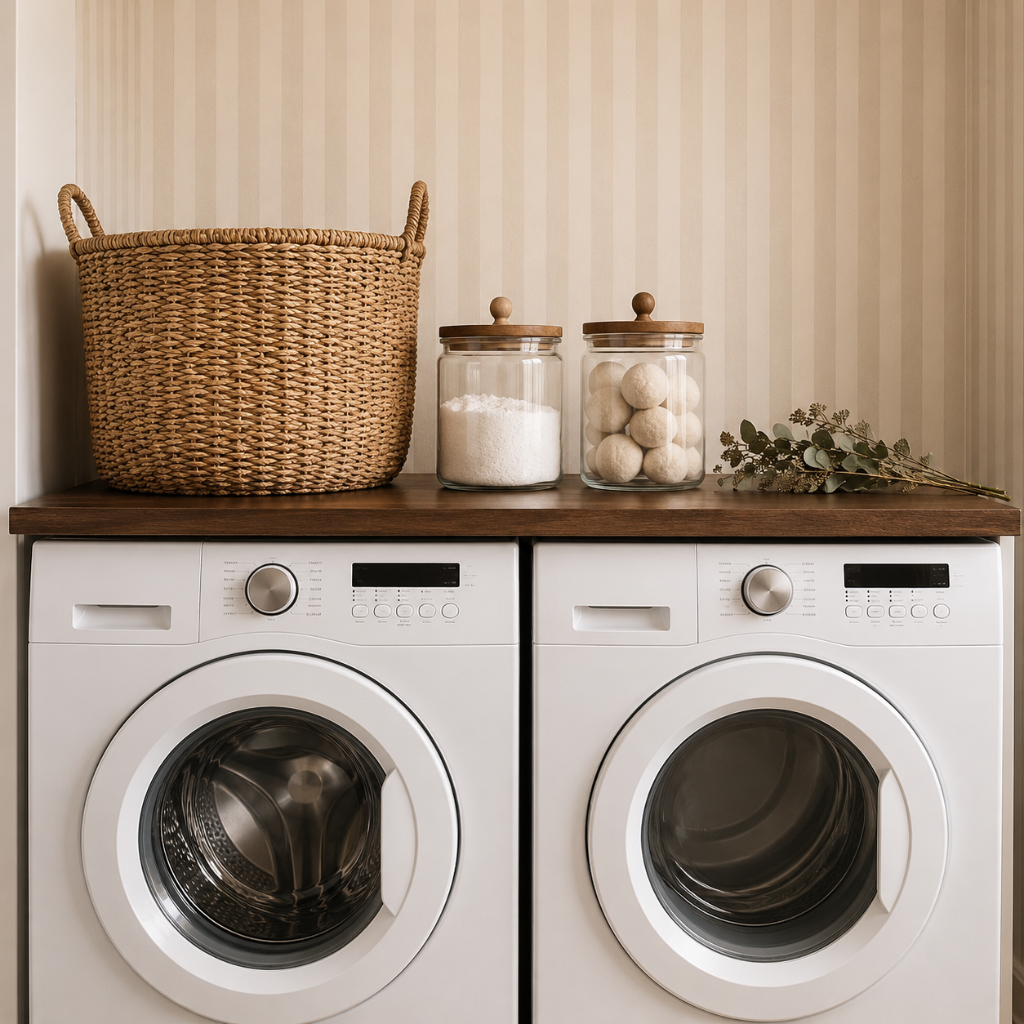 Two white front-loading washing machines side by side under a wooden countertop, styled with a woven basket, glass jars, and eucalyptus in a clean laundry room setting with Funky Paper Co wallpaper.