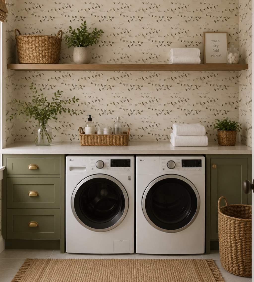A styled laundry room featuring two white front-loading washing machines under a white countertop, built in olive green cabinets, patterned wallpaper, wooden floating shelves, woven baskets, and folded white towels. The wall features Funky Paper Co wallpaper.