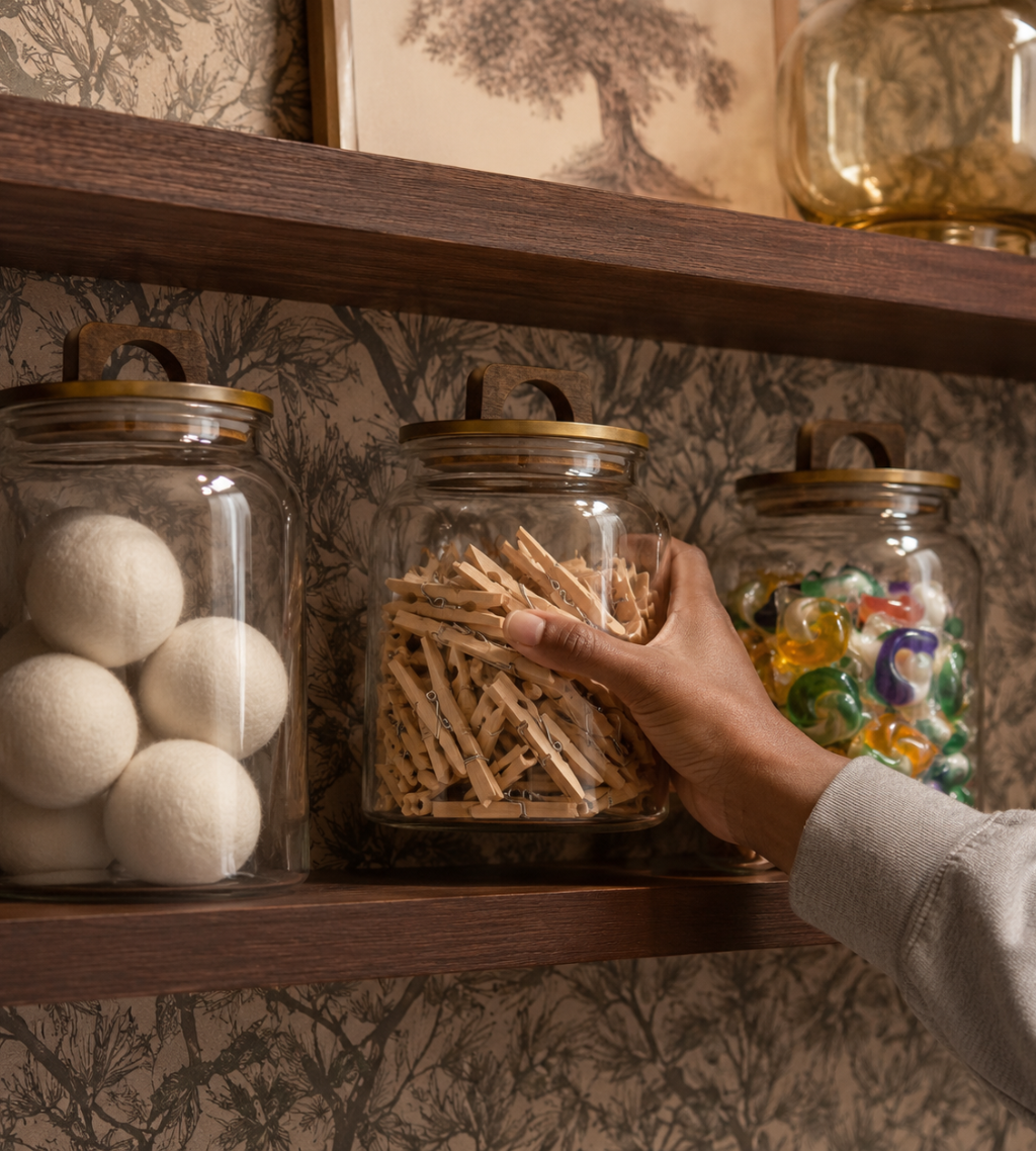 Glass canisters holding dryer balls, clothing clips, and detergent pods. The canisters are sitting on a shelf with a Funky Paper Co wallpaper background