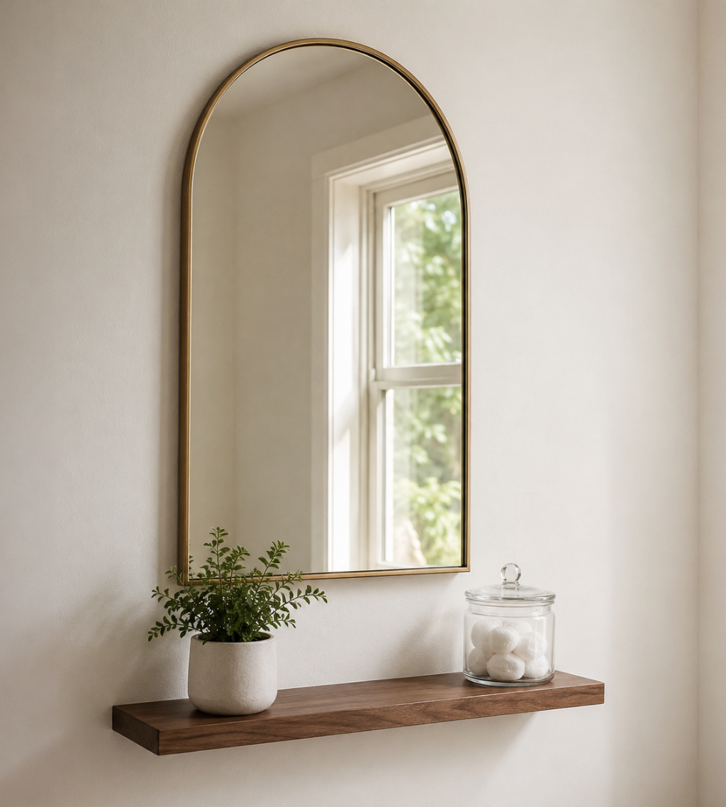 An arched decorative wall mirror with a thin gold frame hangs on a warm off-white wall above a floating wooden shelf in a laundry room. The mirror would pair well with Funky Paper Co products.